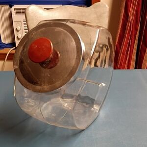 Vintage Glass Cookie Jar with Metal Lid  Red Knob Cottagecore